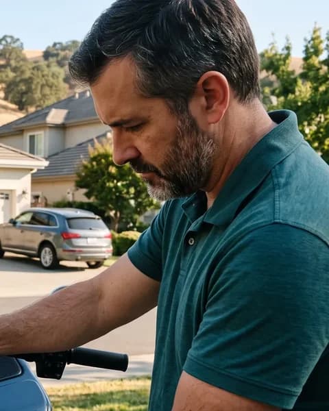 Grant Pemberton, owner of Magee, working a motorcycle ignition in a driveway